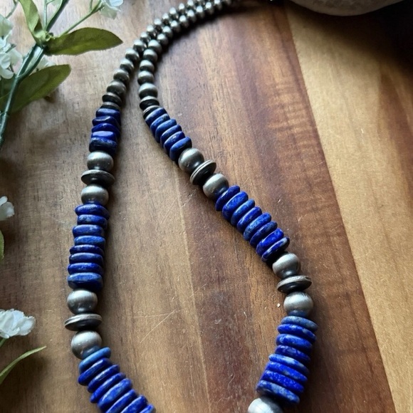 Sterling Silver Graduated Lapis Pearls Bead Necklace. 18 inch. Gift